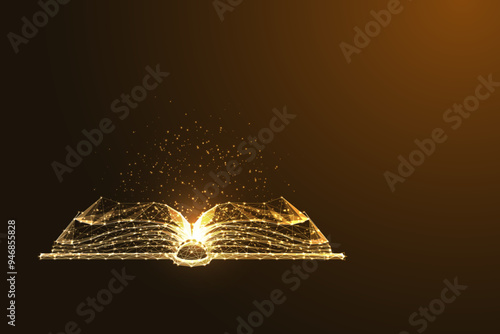 Glowing gold open book isolated on brown background. Knowledge, wisdom, power of learning concept