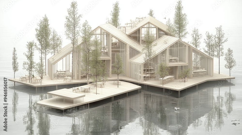 Modern Wooden House on a Floating Platform in a Lake Modern Wooden House on a Floating Platform in a Lake