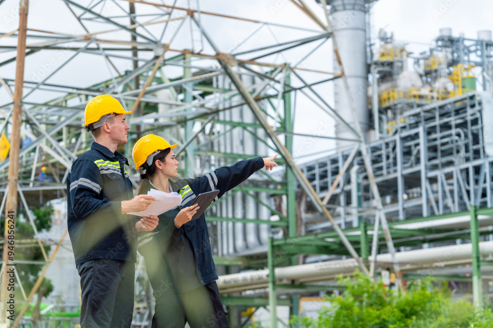 Man and woman petrochemical engineer teamwork meeting discussion at petroleum oil refinery industry area. Industrial factory technician worker working maintenance manufacturing energy power gas system Man and woman petrochemical engineer teamwork meeting discussion at petroleum oil refinery industry area. Industrial factory technician worker working maintenance manufacturing energy power gas system