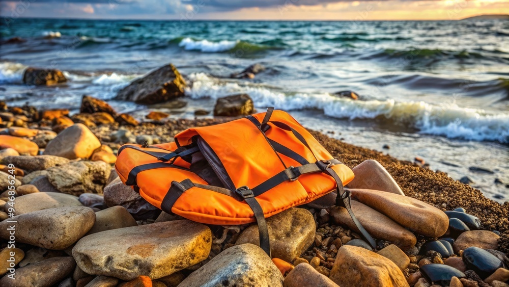Fototapeta premium A rugged, worn-out life jacket lies abandoned on a rocky beach, symbolizing resilience and endurance in the face of adversity and turbulent waters.