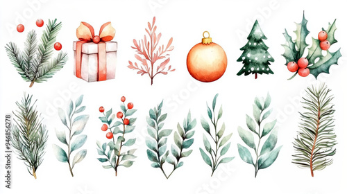 Set of Christmas watercolor elements on white background