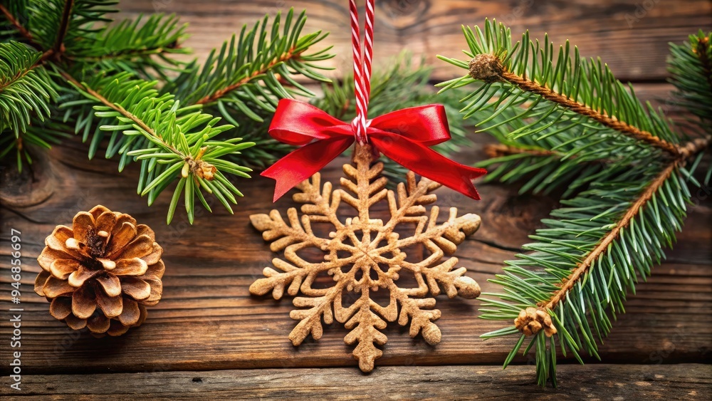 A rustic wooden Christmas tree ornament in the shape of a snowflake, adorned with a delicate pinecone and festive red ribbon, suspended from a branch. A rustic wooden Christmas tree ornament in the shape of a snowflake, adorned with a delicate pinecone and festive red ribbon, suspended from a branch.
