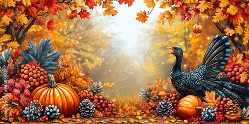 Happy Thanksgiving Day Food Autumn Fall Season with cartoon turkey and pumpkins