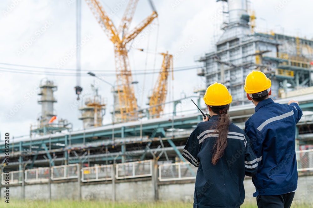 Man and woman petrochemical engineer teamwork meeting discussion at petroleum oil refinery industry area. Industrial factory technician worker working maintenance manufacturing energy power gas system Man and woman petrochemical engineer teamwork meeting discussion at petroleum oil refinery industry area. Industrial factory technician worker working maintenance manufacturing energy power gas system