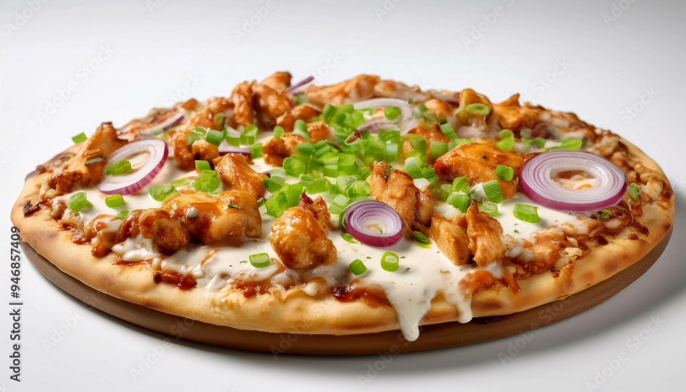 BBQ chicken pizza topped with grilled chicken pieces, red onion slices, green onions, and melted mozzarella cheese, served on a wooden board, isolated on ligh surface, captured from a close-up angle. BBQ chicken pizza topped with grilled chicken pieces, red onion slices, green onions, and melted mozzarella cheese, served on a wooden board, isolated on ligh surface, captured from a close-up angle.