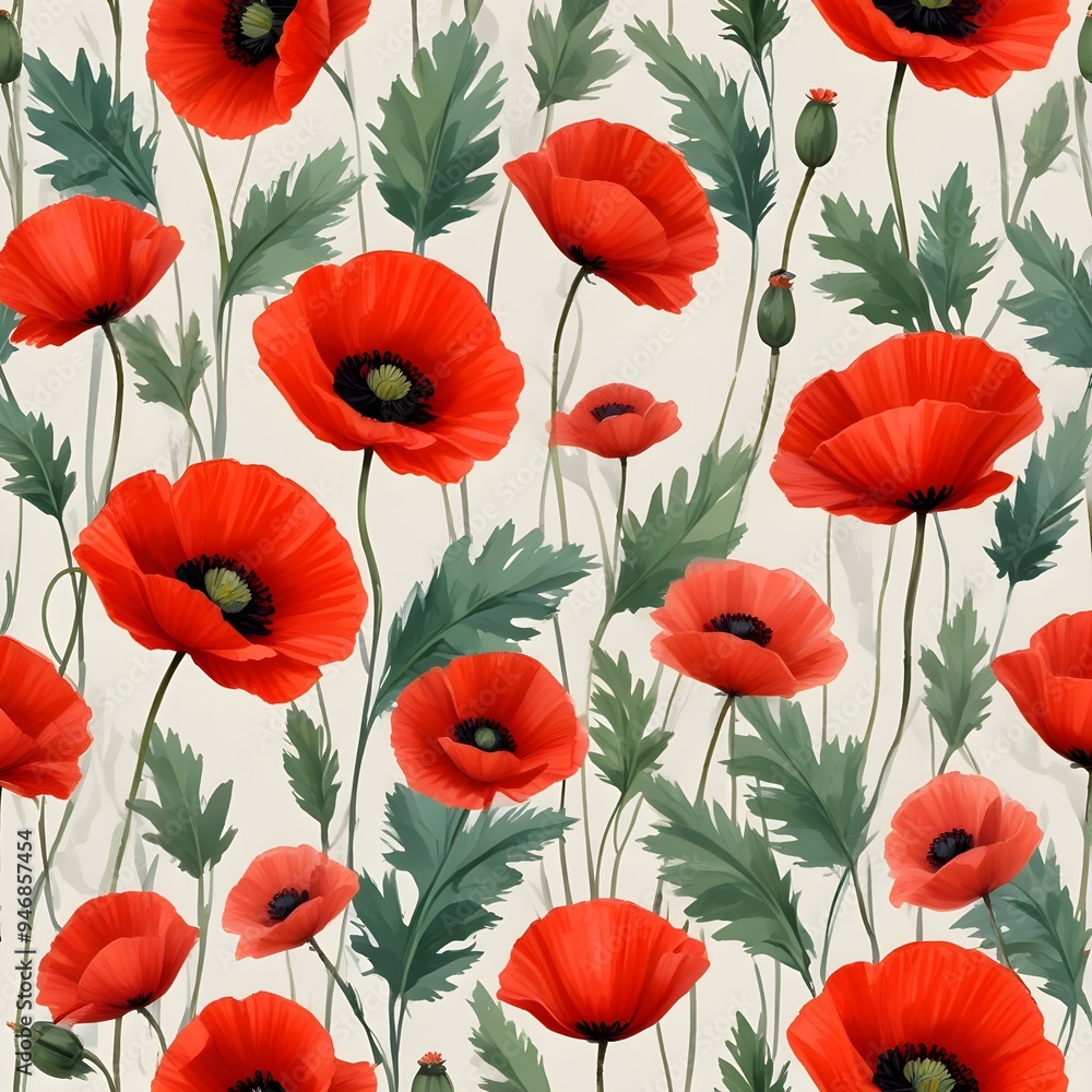 Fototapeta premium Red Poppy Flowers Digital Painting Beautiful Abstract Floral Background Graphic Design