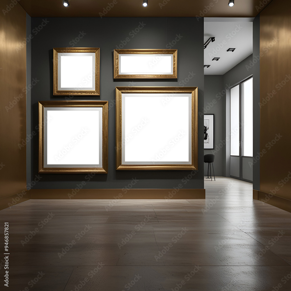 A sophisticated square picture frame mockup of a modern art gallery that has a front wall with a large square picture frame on it with stunning lighting and gold tones A sophisticated square picture frame mockup of a modern art gallery that has a front wall with a large square picture frame on it with stunning lighting and gold tones