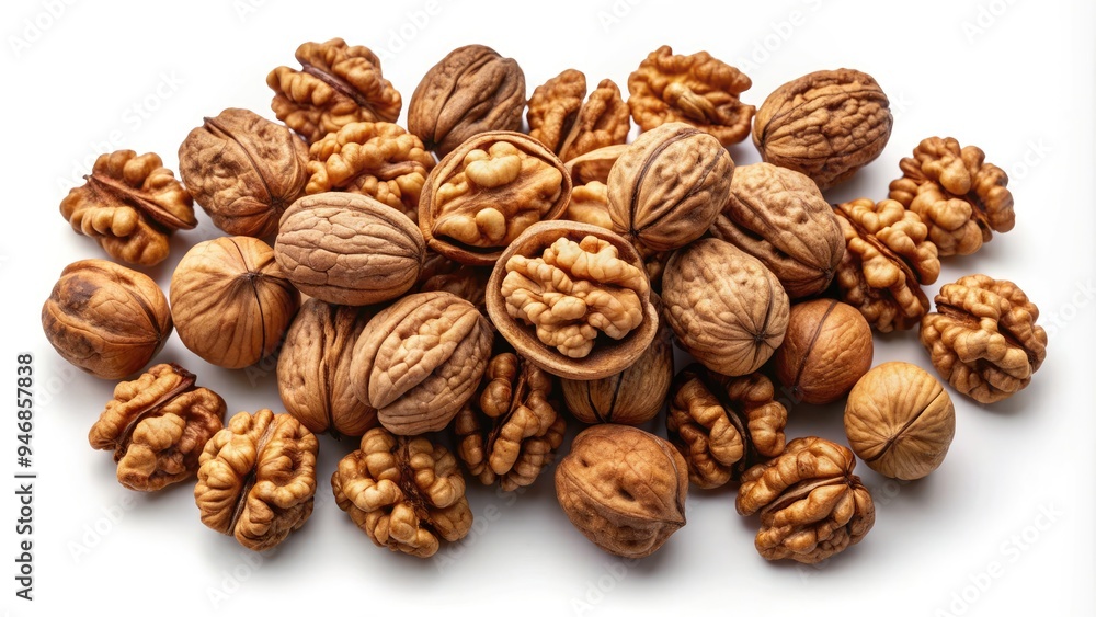 A scattering of rich brown walnuts in various shapes and sizes, isolated on a clean white background, viewed from directly above in sharp focus. A scattering of rich brown walnuts in various shapes and sizes, isolated on a clean white background, viewed from directly above in sharp focus.