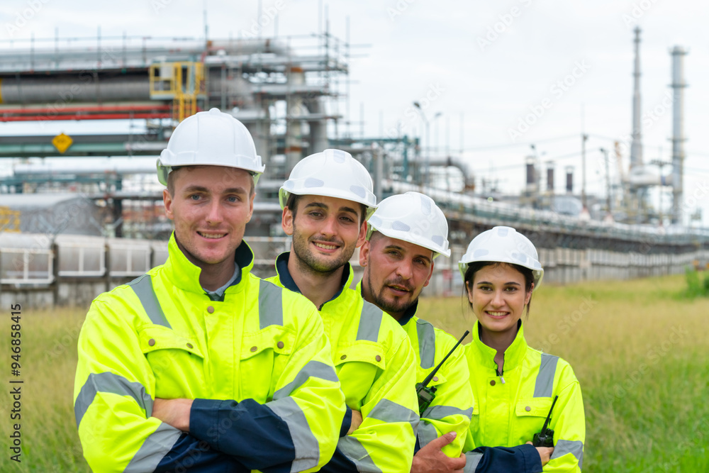 Group of Petrochemical engineers teamwork working together at petroleum oil refinery industry area. Industrial technician worker maintenance inspect manufacturing energy power gas system at factory. Group of Petrochemical engineers teamwork working together at petroleum oil refinery industry area. Industrial technician worker maintenance inspect manufacturing energy power gas system at factory.