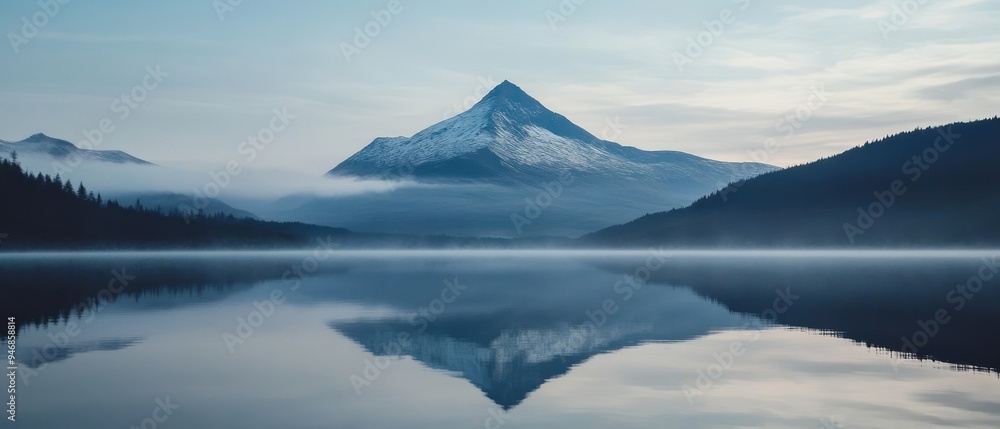 Fototapeta premium Misty Mountain Reflection in Still Lake Water