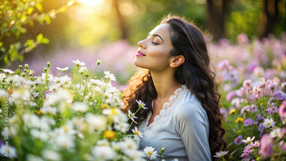 A serene Hispanic woman sits in nature, surrounded by blooming flowers, closing her eyes, and taking a deep breath, exuding calmness and mental tranquility. A serene Hispanic woman sits in nature, surrounded by blooming flowers, closing her eyes, and taking a deep breath, exuding calmness and mental tranquility.