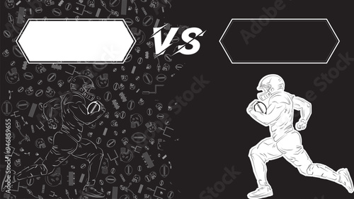 american football table match in outline isolated in dark black running for victory grip the ball, with icon american football background