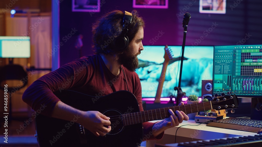 Skilled artist recording his guitar song to mix on daw software, working with electronic soundboard equipment. Audio engineer producing soundtracks or sound effects in his home studio. Camera A. Skilled artist recording his guitar song to mix on daw software, working with electronic soundboard equipment. Audio engineer producing soundtracks or sound effects in his home studio. Camera A.