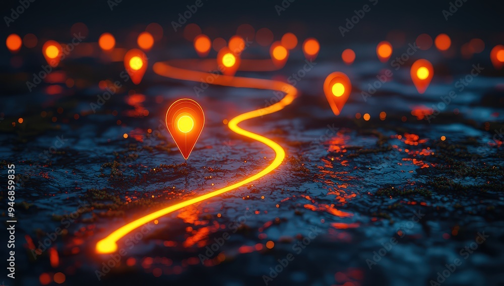 A map with glowing location pins and an orange path line, representing the concept of digital marketing for travel in major cities. A map with glowing location pins and an orange path line, representing the concept of digital marketing for travel in major cities.