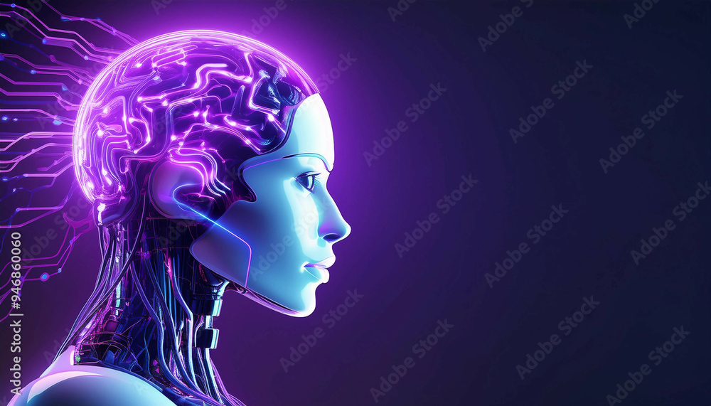 A side view of a humanoid robot with a glowing head displaying neural networks and circuits, highlighted by vibrant blue and purple neon lights, dark backdrop. Copy space on the right A side view of a humanoid robot with a glowing head displaying neural networks and circuits, highlighted by vibrant blue and purple neon lights, dark backdrop. Copy space on the right