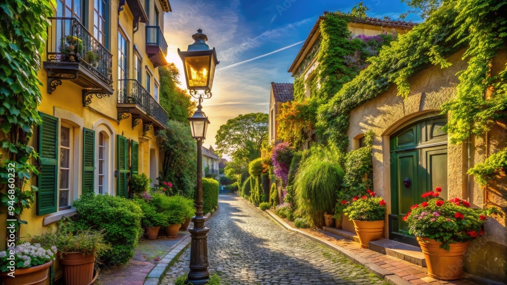 A serene, sun-drenched, curved side street lined with lush greenery, historic buildings, and ornate lamps, evoking a sense of tranquil European charm. A serene, sun-drenched, curved side street lined with lush greenery, historic buildings, and ornate lamps, evoking a sense of tranquil European charm.