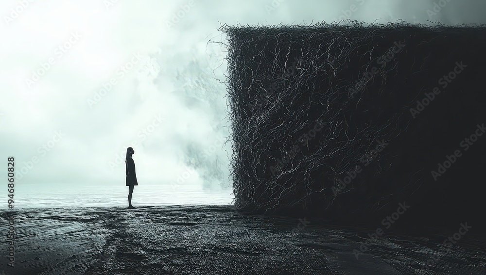 Fototapeta premium Person on the edge of two sides, one side with tangled threads representing emotional anxiety and complexity, while the other half is clear and straight lines symbolizing clarity in mental health care