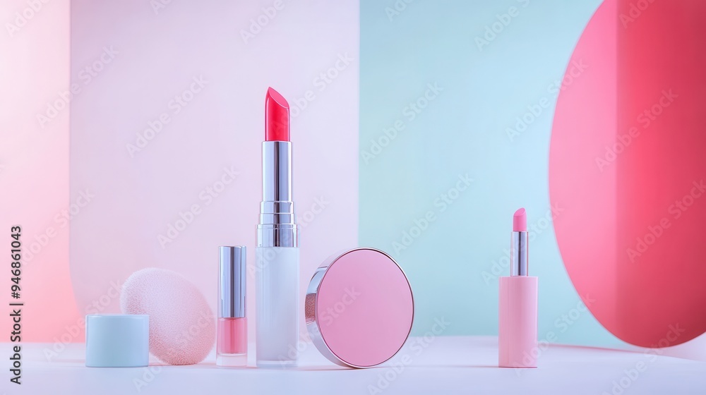 A stylish display of essential cosmetic products, including lipstick and brushes, arranged on a soft, light-colored background. Generative AI A stylish display of essential cosmetic products, including lipstick and brushes, arranged on a soft, light-colored background. Generative AI