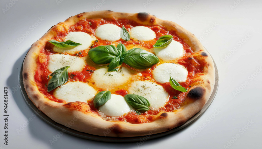 A Margherita pizza with a crispy crust, topped with melted mozzarella cheese and fresh basil, arranged symmetrically, served on a white plate, isolated on white background, captured from a top view. A Margherita pizza with a crispy crust, topped with melted mozzarella cheese and fresh basil, arranged symmetrically, served on a white plate, isolated on white background, captured from a top view.