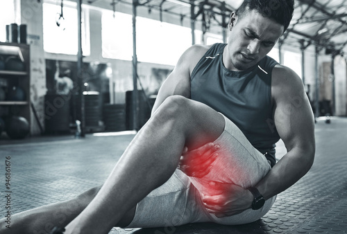 Man, gym and thigh pain from fitness injury with overlay, exercise accident and hamstring risk of tendinitis. Athlete, legs and red glow for performance fail, muscle problem and sports emergency