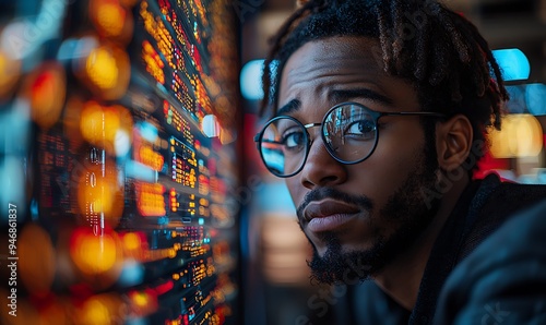  Inclusive image of a of a black IT school student studying at computer learning digital code online software ai cyber security threats. Artificial intelligence cyberspace data coding education 