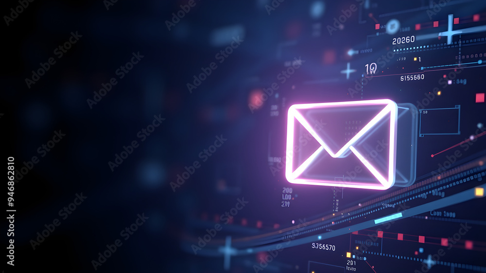The floating holographic envelope or email icon is on the right side high tech background with space for text. The floating holographic envelope or email icon is on the right side high tech background with space for text.