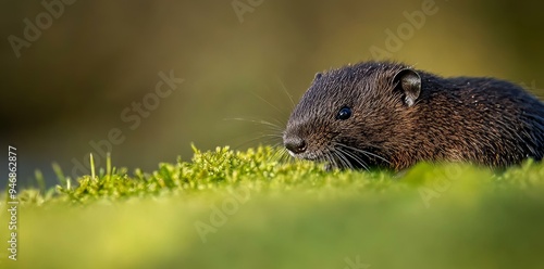 In a green meadow, an Etruscan shrew with whiskers, elongated snout and movements resembling those of a mole, rodent, small, field shrew