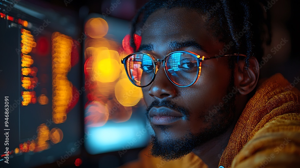 Inclusive image of a of a black IT school student studying at computer learning digital code online software ai cyber security threats. Artificial intelligence cyberspace data coding education Inclusive image of a of a black IT school student studying at computer learning digital code online software ai cyber security threats. Artificial intelligence cyberspace data coding education