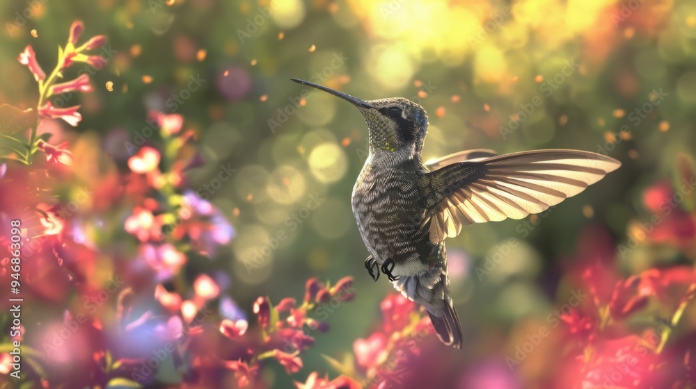 Fototapeta premium Hummingbird closeup with natural landscape generative ai