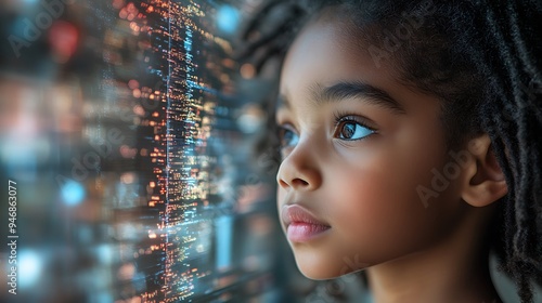  Inclusive image of a of a black IT school student studying at computer learning digital code online software ai cyber security threats. Artificial intelligence cyberspace data coding education 