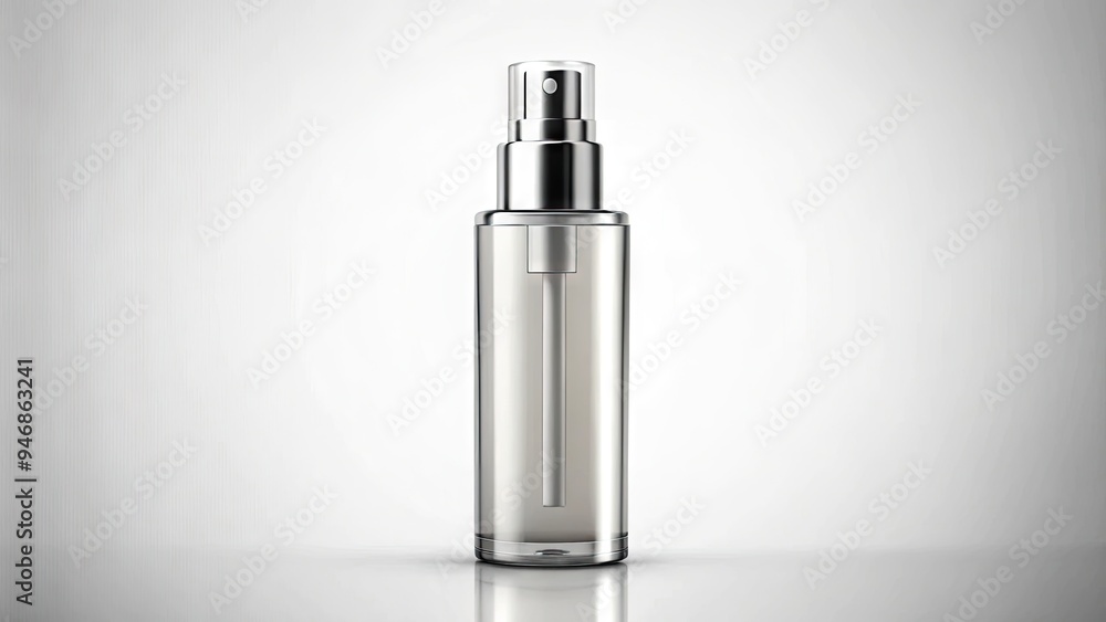 A sleek, modern cosmetic spray bottle with a silver cap and transparent label stands solo on a clean, white background, ready for branding. A sleek, modern cosmetic spray bottle with a silver cap and transparent label stands solo on a clean, white background, ready for branding.