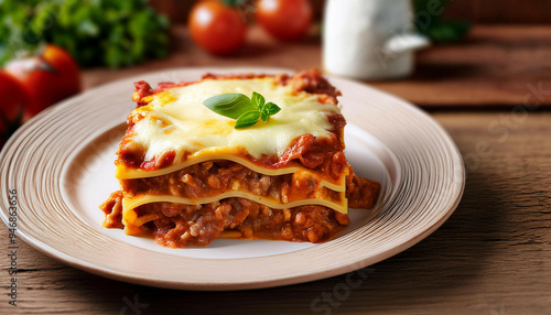 A slice of lasagna on a white plate with visible layers of pasta, meat sauce, and melted cheese, topped with fresh basil, placed on a wooden table with tomatos and herbs on backdrop.