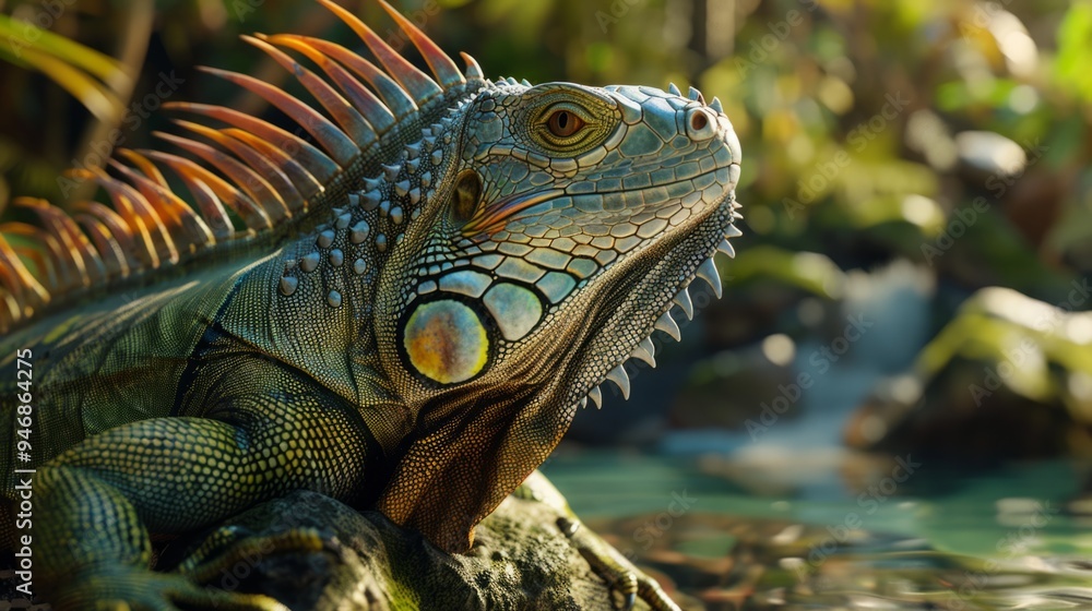 Iguana closeup with natural landscape generative ai Iguana closeup with natural landscape generative ai