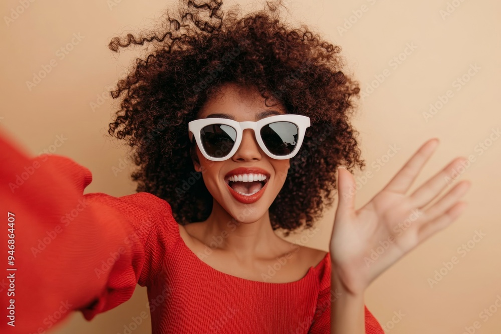 Stylish Woman in Red Taking a Selfie, Smiling and Waving with White Sunglasses, Curly Hair Adding Charm, Shot Against Isolated Beige Background with Natural Light Enhancing Vibrant Colors Stylish Woman in Red Taking a Selfie, Smiling and Waving with White Sunglasses, Curly Hair Adding Charm, Shot Against Isolated Beige Background with Natural Light Enhancing Vibrant Colors