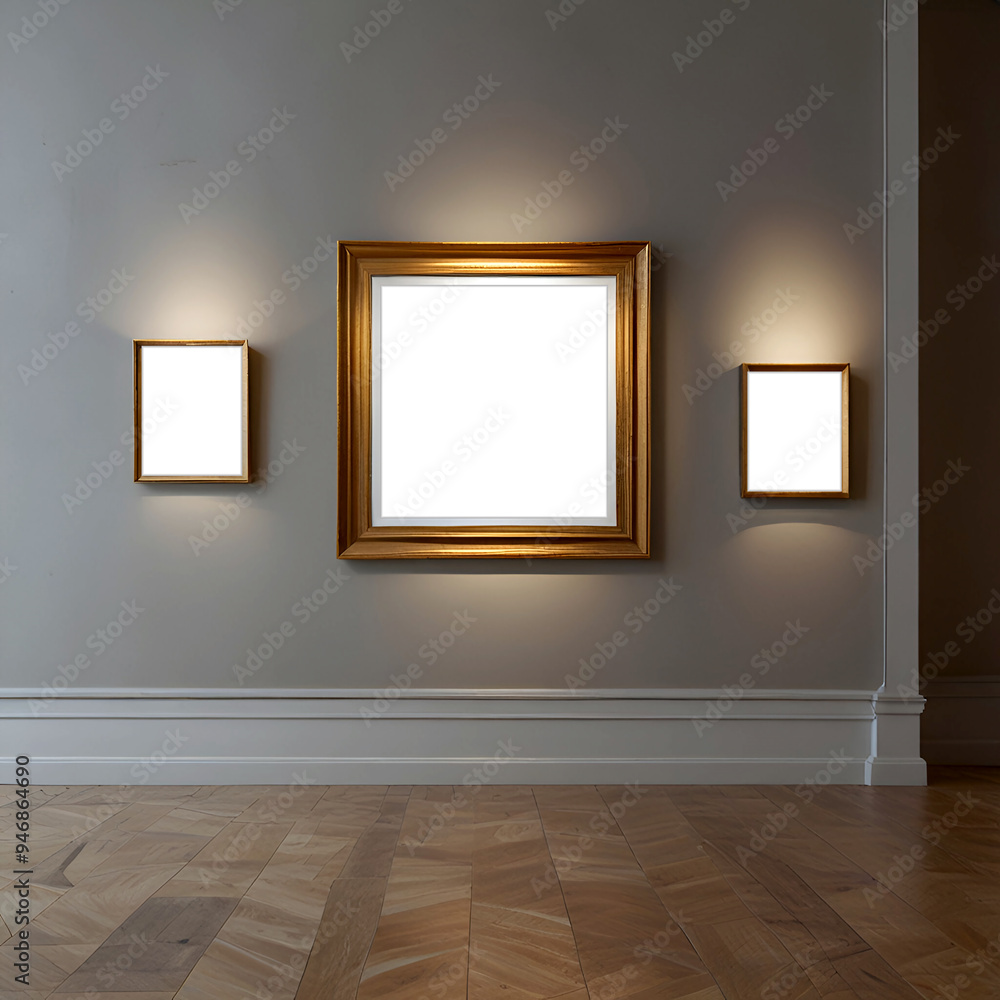 A sophisticated square picture frame mockup of a modern art gallery that has a front wall with a large square picture frame on it with stunning lighting and gold tones A sophisticated square picture frame mockup of a modern art gallery that has a front wall with a large square picture frame on it with stunning lighting and gold tones