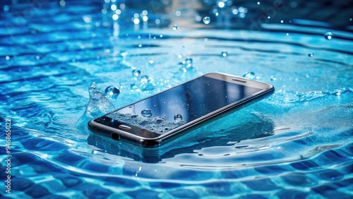 A sleek smartphone submerged in a swimming pool, surrounded by water droplets, with a blurred background, showcasing its waterproof capabilities. photo