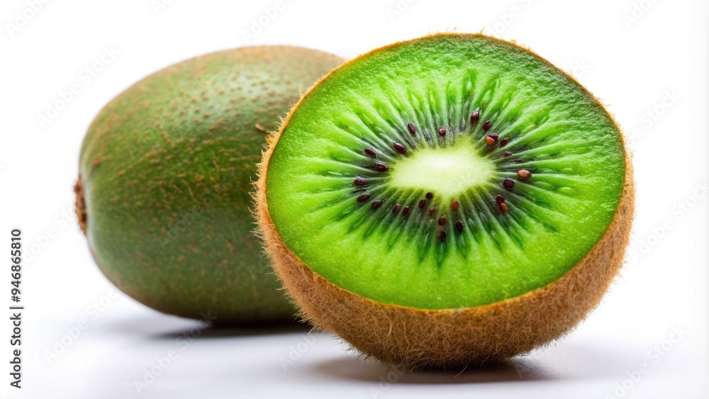 Fototapeta premium A small, round kiwi fruit with a bright green skin and fuzzy brown exterior, symbolizing New Zealand's national identity and cultural heritage.