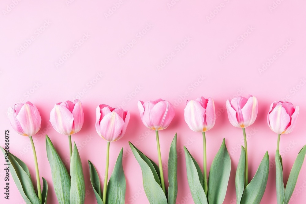 Naklejka premium Pink Tulips on Pink Background in Flat Lay Top View, Featuring Space for Text, Ideal for Happy Mother’s Day or Women’s Day Celebration, Minimal Style Spring Floral Frame with Copy Space