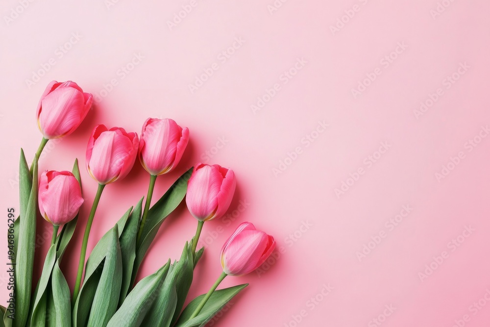 Fototapeta premium Pink Tulips on Pink Background in Flat Lay Top View, Featuring Space for Text, Ideal for Happy Mother’s Day or Women’s Day Celebration, Minimal Style Spring Floral Frame with Copy Space