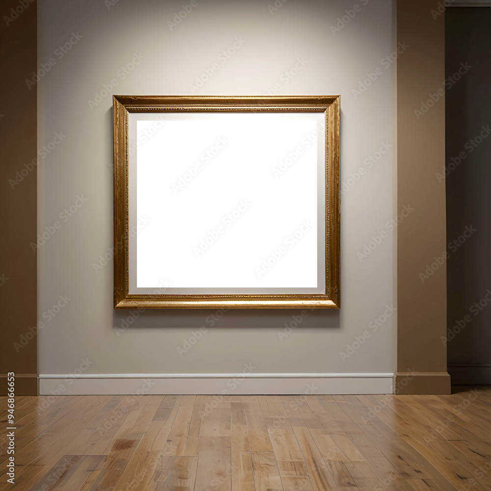 A sophisticated square picture frame mockup of a modern art gallery that has a front wall with a large square picture frame on it with stunning lighting and gold tones A sophisticated square picture frame mockup of a modern art gallery that has a front wall with a large square picture frame on it with stunning lighting and gold tones