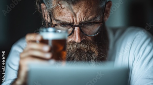 A man holds a cup close to his face as he sits deeply contemplating near his laptop, immersed in thought or reflection while working or studying in a quiet environment. photo