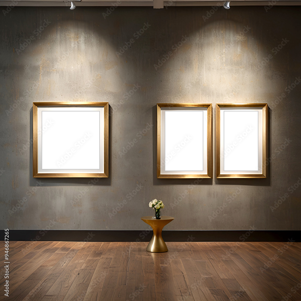 A sophisticated square picture frame mockup of a modern art gallery that has a front wall with a large square picture frame on it with stunning lighting and gold tones A sophisticated square picture frame mockup of a modern art gallery that has a front wall with a large square picture frame on it with stunning lighting and gold tones