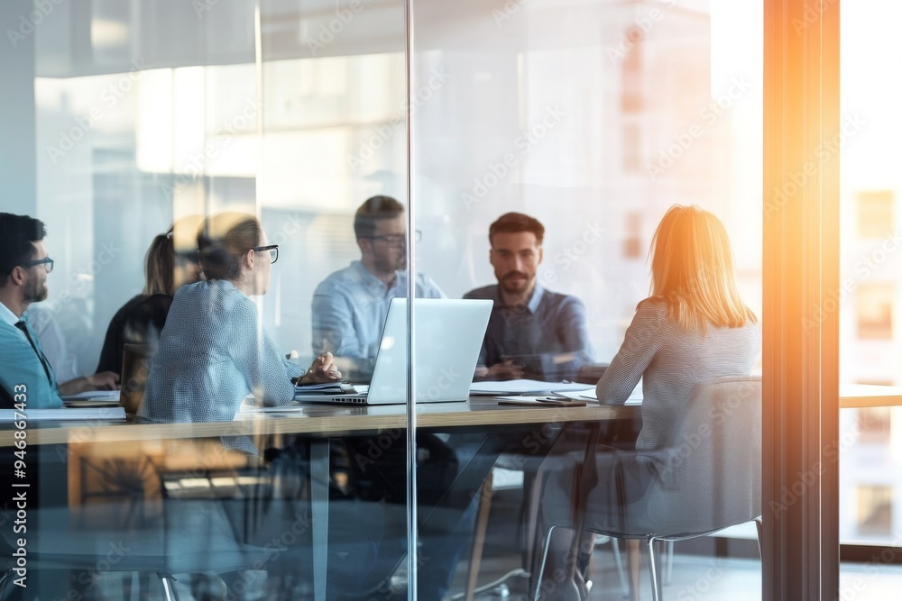 Group of Business People Having Meeting Around Table in Office, Captured Through Glass Walls with Reflections and Natural Light, Featuring Warm Atmosphere and One Woman in Smart Casual Attire with Gla Group of Business People Having Meeting Around Table in Office, Captured Through Glass Walls with Reflections and Natural Light, Featuring Warm Atmosphere and One Woman in Smart Casual Attire with Gla
