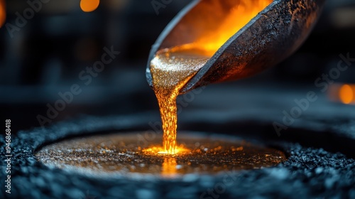 Molten metal pours bright and hot into a container with utmost care, emphasizing the precision and expertise required in industrial metallurgical processes. photo