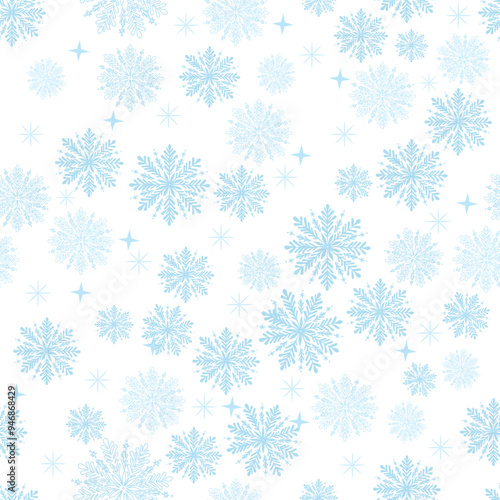 Seamless snowflake pattern for festive Christmas winter design. A seamless pattern of blue snowflakes on white background, on a new year themed background. Winter is coming.