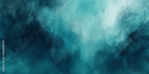 Abstract Teal Watercolor Background Featuring Dark Blue Stormy Sky, Ocean Waves, and Mist Texture for Design Banner, Poster, or Cover, High-Resolution Vintage Hand-Painted Illustration