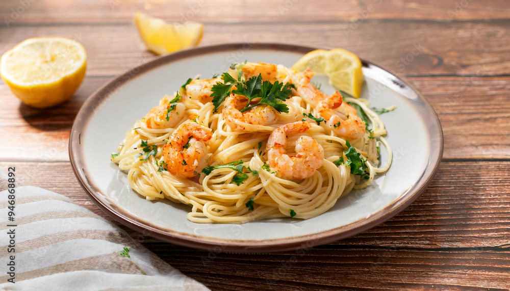 Spaghetti with shrimp, garnished with fresh parsley, served in a shallow plate, with lemon wedges and a bowl of salt in the background on a dark wooden table. Spaghetti with shrimp, garnished with fresh parsley, served in a shallow plate, with lemon wedges and a bowl of salt in the background on a dark wooden table.