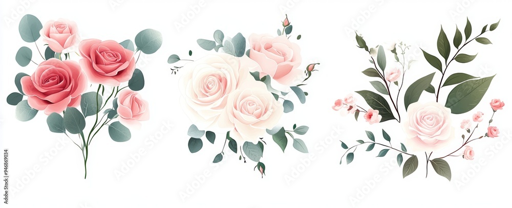 Vector Illustration of Pastel Pink and White Roses with Eucalyptus Leaves and Flowers on Solid Background, High-Resolution Clip Art Set Vector Illustration of Pastel Pink and White Roses with Eucalyptus Leaves and Flowers on Solid Background, High-Resolution Clip Art Set