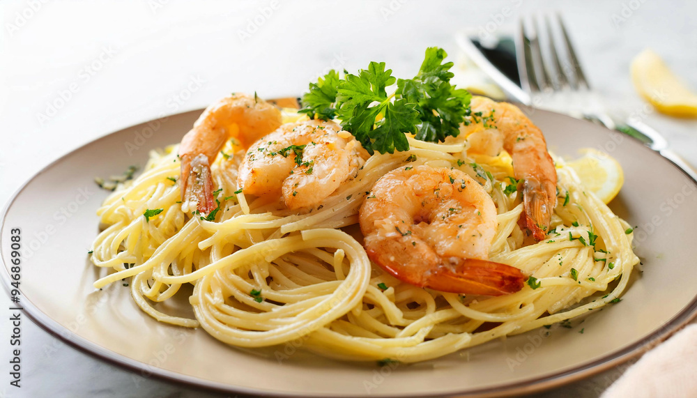Close-up of spaghetti with sautéed shrimp, garnished with fresh parsley, served on a beige plate with a fork and knife in the background. Close-up of spaghetti with sautéed shrimp, garnished with fresh parsley, served on a beige plate with a fork and knife in the background.