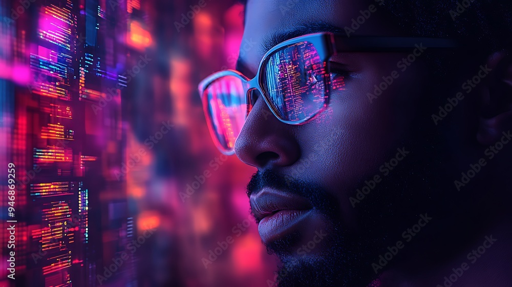 artificial intelligence cyber security threat illustration concept AI banner. Black african american male IT specialist analyzing privacy data information leaks in server room technology business artificial intelligence cyber security threat illustration concept AI banner. Black african american male IT specialist analyzing privacy data information leaks in server room technology business